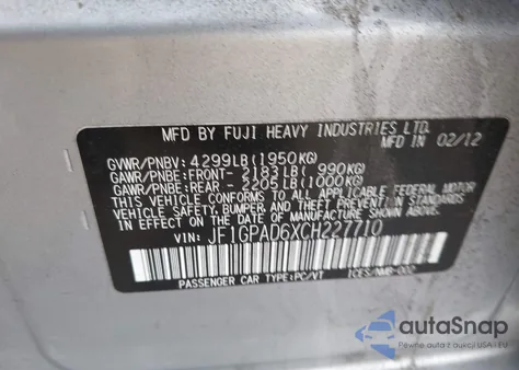 2012 Subaru Impreza 2.0I Premium из США, поврежденный, VIN JF1GPAD6XCH227710